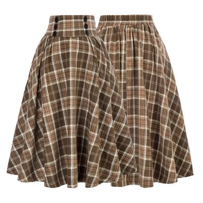 Women Skirt High Elastic Waist Big Hem A-line Colorblock Plaid Print Loose Ankle Length Soft Pockets Retro Ruffle Elegant Party Commute Lady