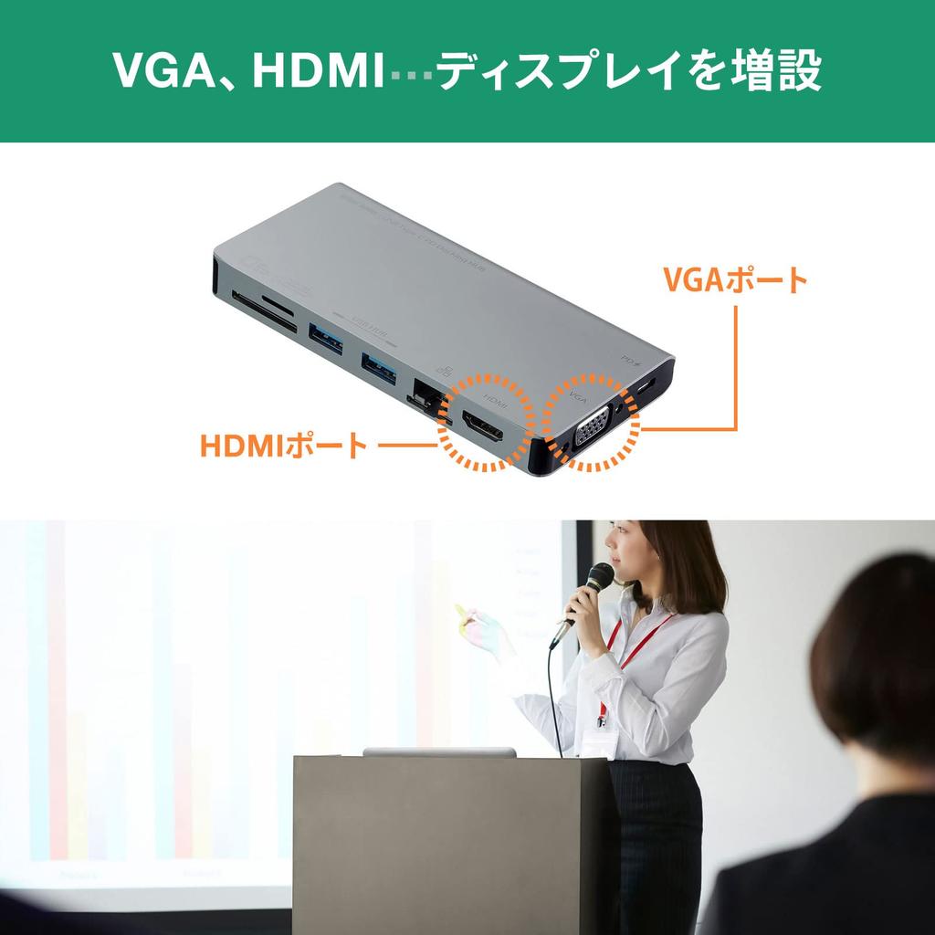 Sanwa Supply USB Docking Hub LAN and Card Type-C (with VGA, HDMI, Port, Reader) USB-3TCH13S2