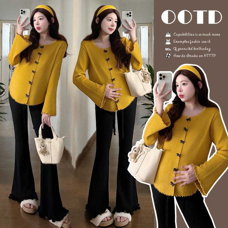 Spring 2026 Korean-Style Maternity Outfit: Bowknot Long Sleeve Top with Slimming Micro Flare Pants M
