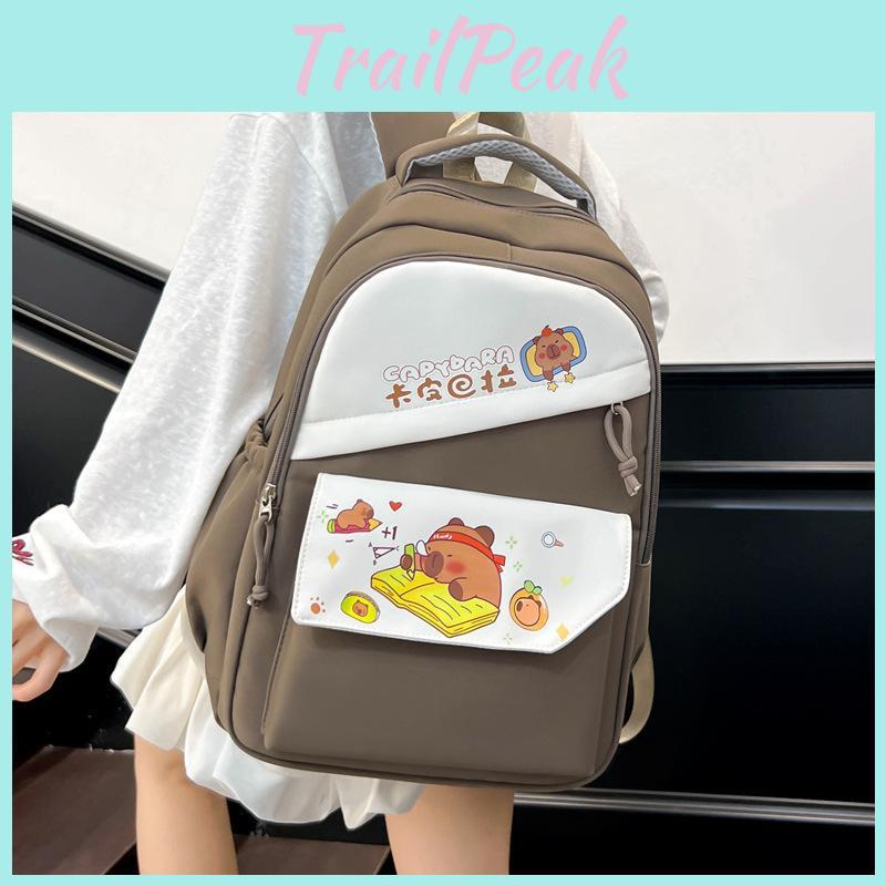 Capybara Cartoon Pattern Nylon Backpack With Striped Stitching For School Travel