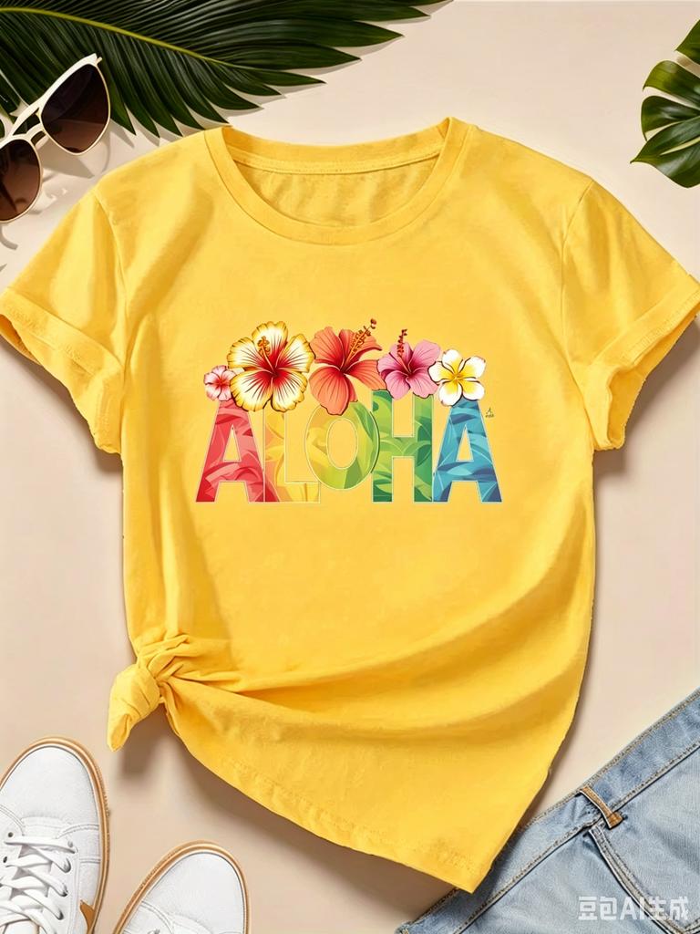 Aloha With Tropical Flowers Unisexs Sports Short Sleeve Tshirt Summer Short Sleeved Harajuku Streetwear Tops Aesthetic Clothes