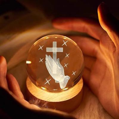 3D Hands Prayer Faux Crystal Ball with Wooden Base Clear Engraved Prayer Hand Ball Night Light Religious Christian Gifts for Women Men