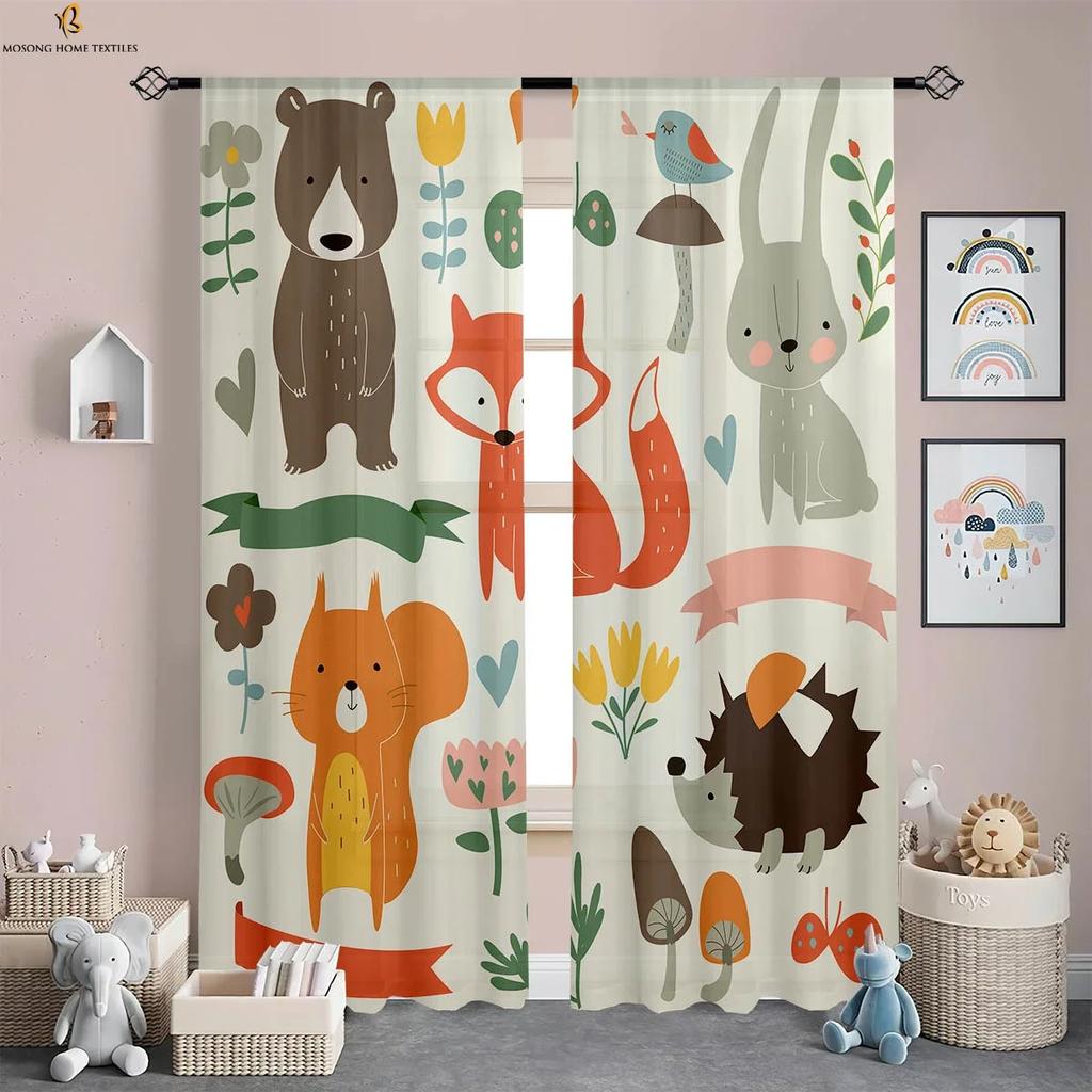 Forest Animal Cartoon Printed Curtains Polyester Fiber Curtains Children's Room Living Room Study Dormitory Decorative Curtains