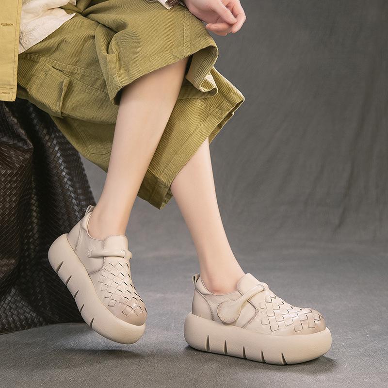 Spring Handwoven Comfortable Retro Loafers Two-Tone Full Cowhide Commuter Women Shoes