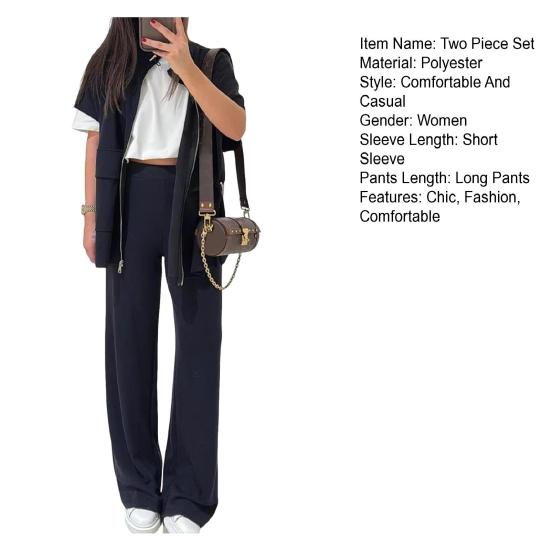 Women's Two Piece Outfit Casual Full And Wide Leg Pants Short Sleeve Shirt Set Casual