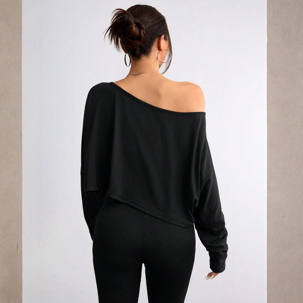 Damen Lässiges Mode Off-Shoulder Kurz Farbe Langärmeliges Oberteil