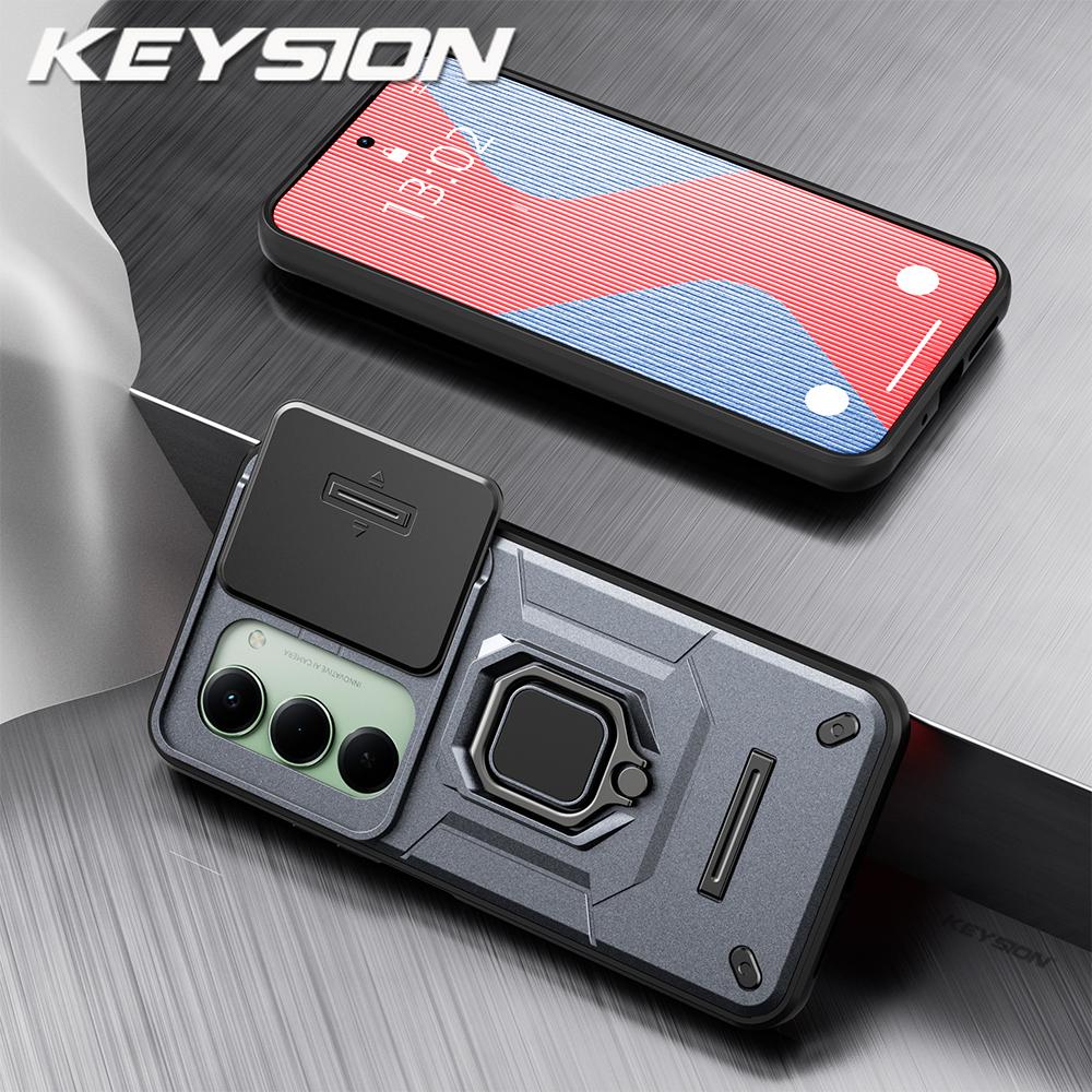 KEYSION Shockproof Armor Case for Redmi 15 169.5mm 171mm Slide Camera Lens Protection Metal Ring Stand Phone Cover for Redmi 5G