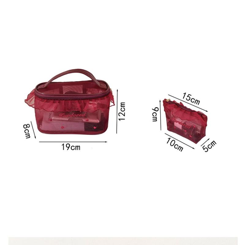 1Pc Purified Red Mesh Makeup Bag With Ruffle Detail Love Embroidery Cute Portable Cosmetic Organizer For Girls Toiletry Pouch