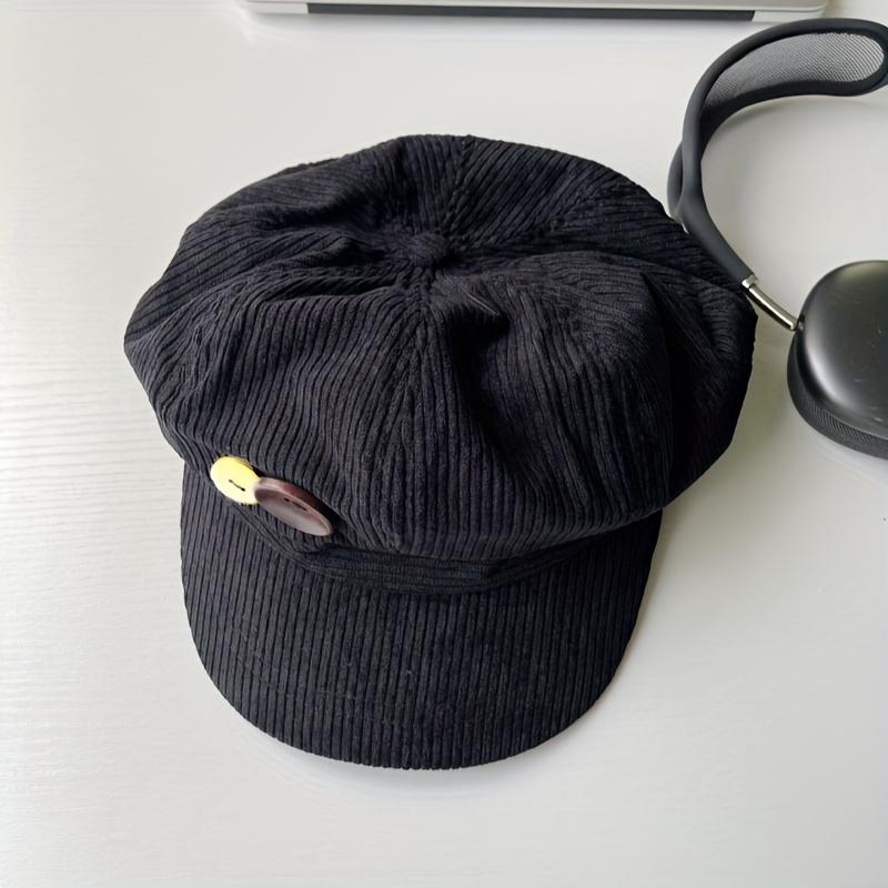 Vintage Octagonal Hat Japanese Style Brown Beret with Button Flannel Face Painting Cap