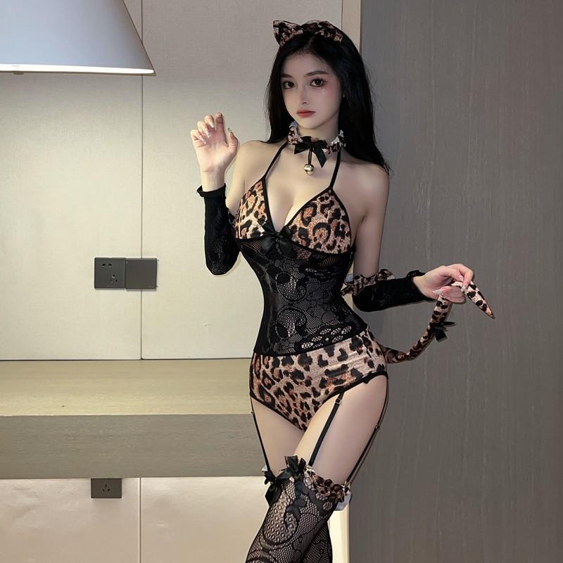 New Sexy Leopard Temptation Bodysuit Sexy Lingerie with Purple Hollow Out Perspective Backless Seduction Strap Lace Suspender