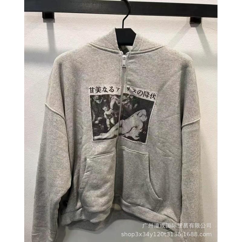 Unisex Distressed Washed Cotton Hoodie With Graphic Print Loose Fit Streetwear Sweatshirt Men Women