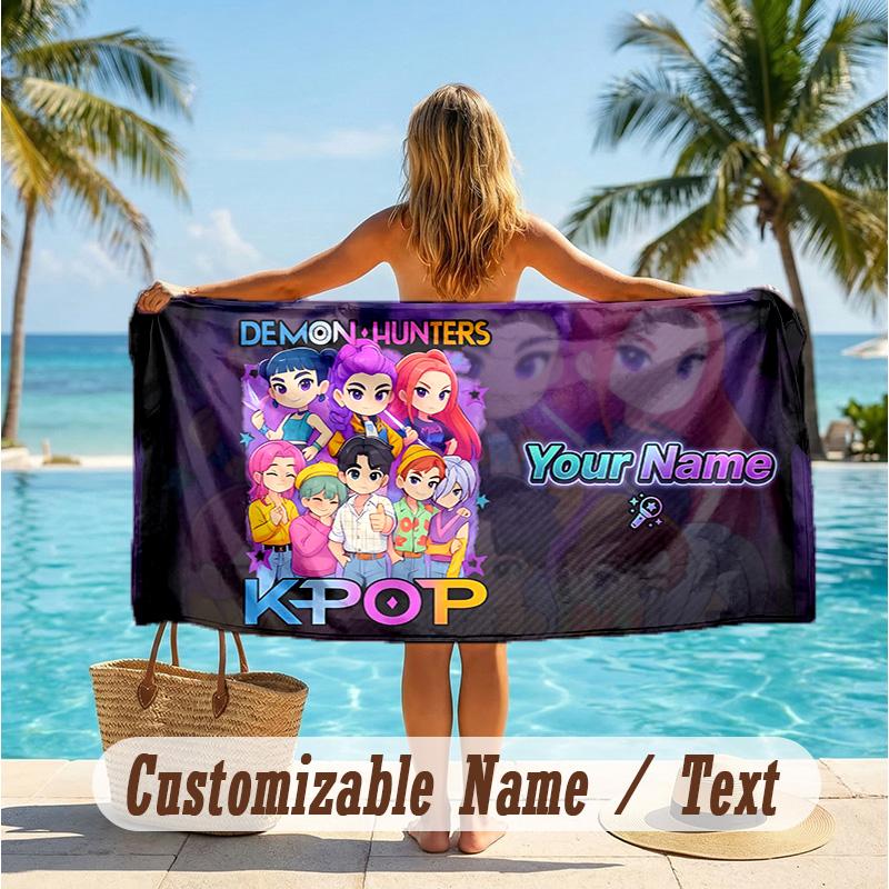Custom Text Beach Towel, Soft Absorbent Swimming Multi-use TowelKpop Demon Hunters