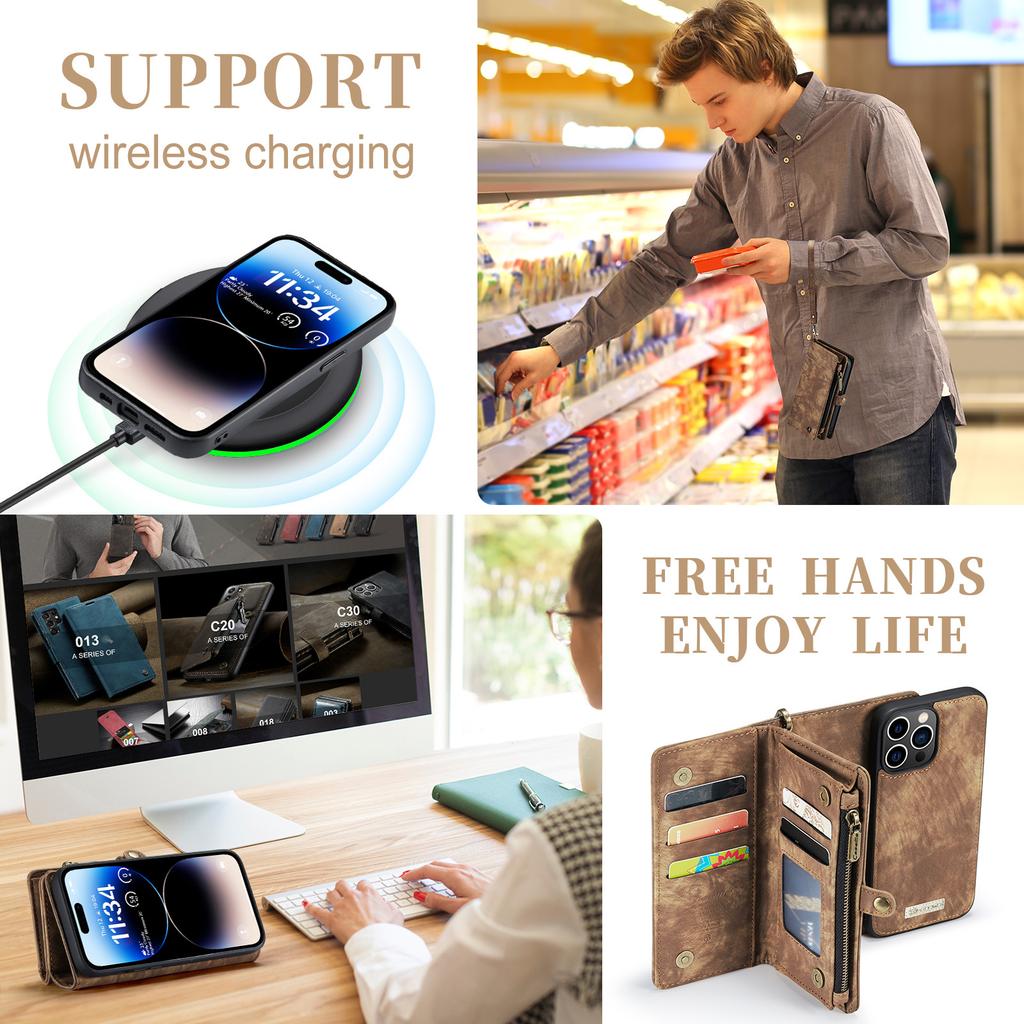For iPhone 14 Pro Max Wallet Case with Strap Zipper Wallet Card Slots & Detachable Magnetic PU Leather Case Wallet for Women/Men