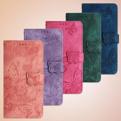 Embossed Butterfly Denim Line Solid Color Leather Phone Wallet Case Book Stand For iPhone Samsung Xiaomi Huawei Moto Oppo Magnetic Card Flip Cover Bag