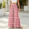 Women High Waist Wide Leg Pants Elastic Waistband Plaid Print Loose Fit Trousers with Pockets Casual Relaxed Style for Daily Wear