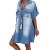 Color Womens Fashion Casual Solid Lapel Singlebreasted Panel Straight Shortsleeve Loose Pocket Shirt Dress