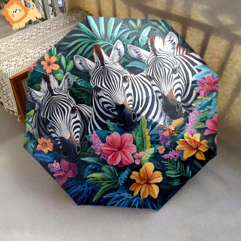 1 PC Automatic Folding Umbrella - Zebras In Tropical Flowers Pattern, Portable & Foldable Design with 8 Ribs, Christmas Birthday Gifts