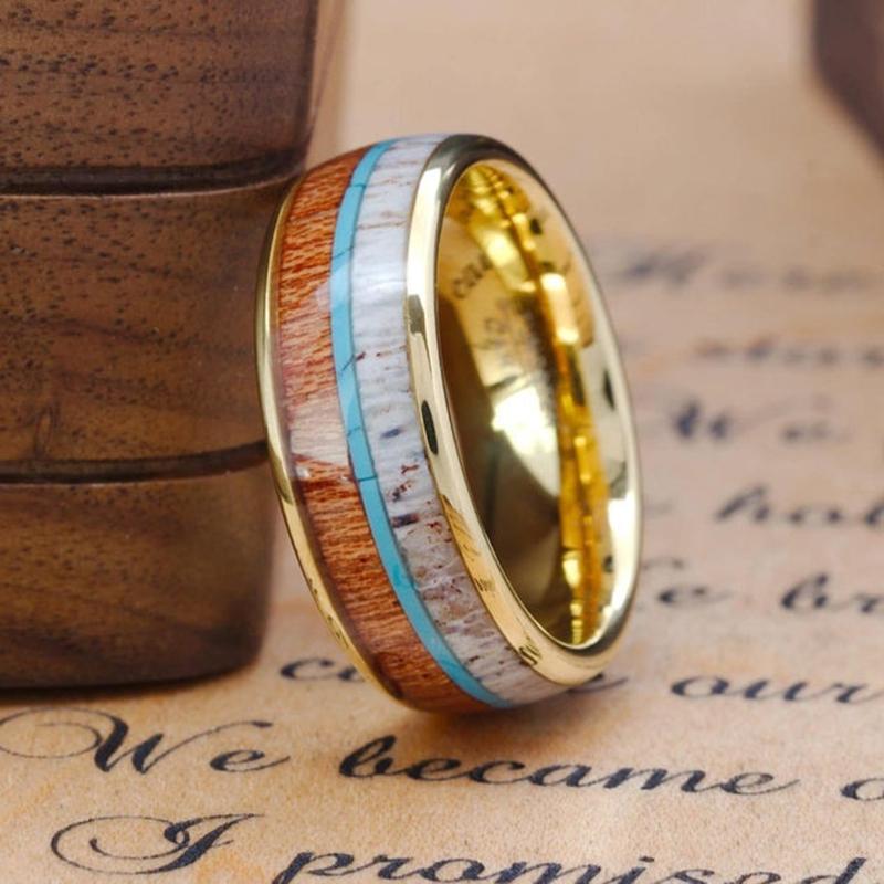 Fashion Men Stainless Steel Rings Red Koa Wood Inlay High Polished Wedding Band Ring for Men Women Anniversary Jewelry