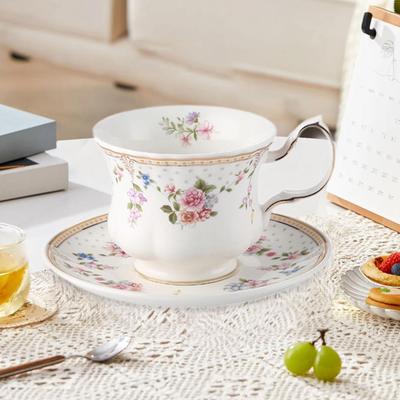 Ceramic Coffee Mug Porcelain Cups and Saucer Set Floral Tea Cappuccinos Gift for Family