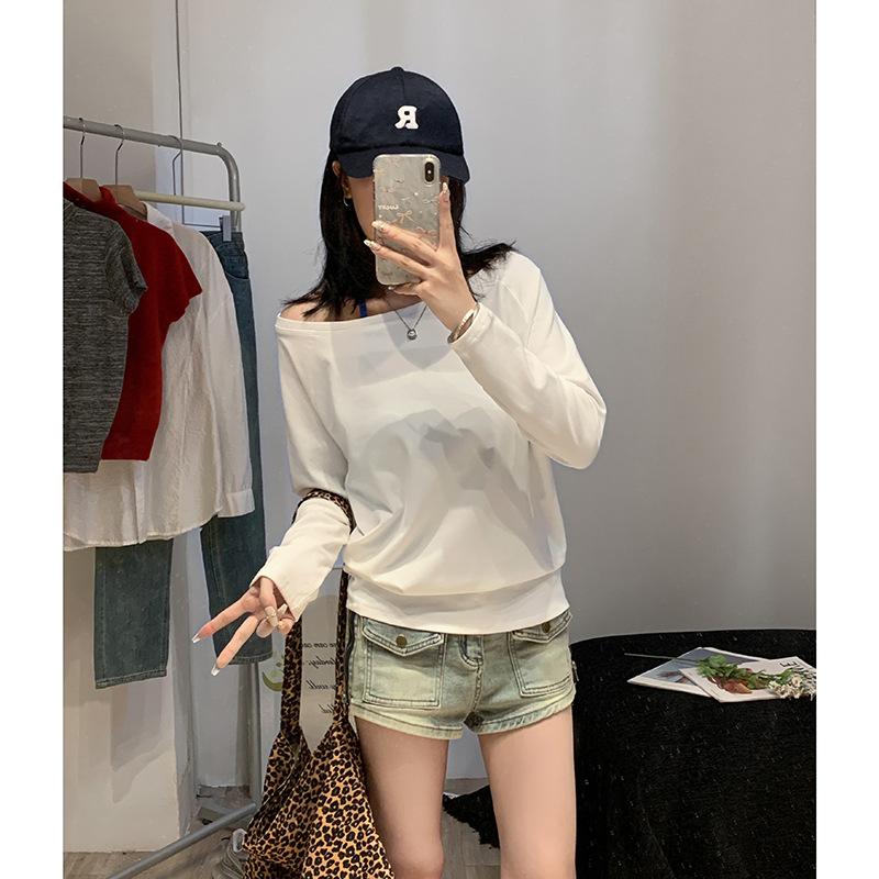 Černé volné tričko s dlouhým rukávem a šikmými rameny pro ženy, odhalující rameno, na začátek podzimu, ležérní, volné, sexy top na jedno rameno pro horkou holku