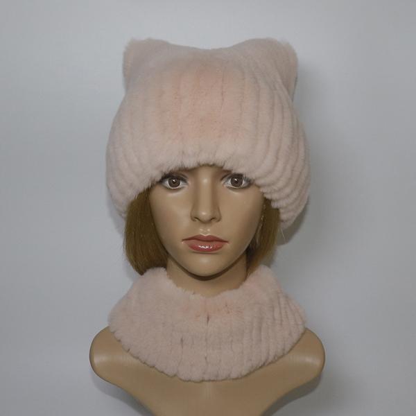Winter Girls Fashion Fluffy Real Rex Rabbit Fur Hat Scarf Sets Warm Real Rex Rabbit Fur Cat's Ear Hats Women Good Quality Real Fur Cap Scarves