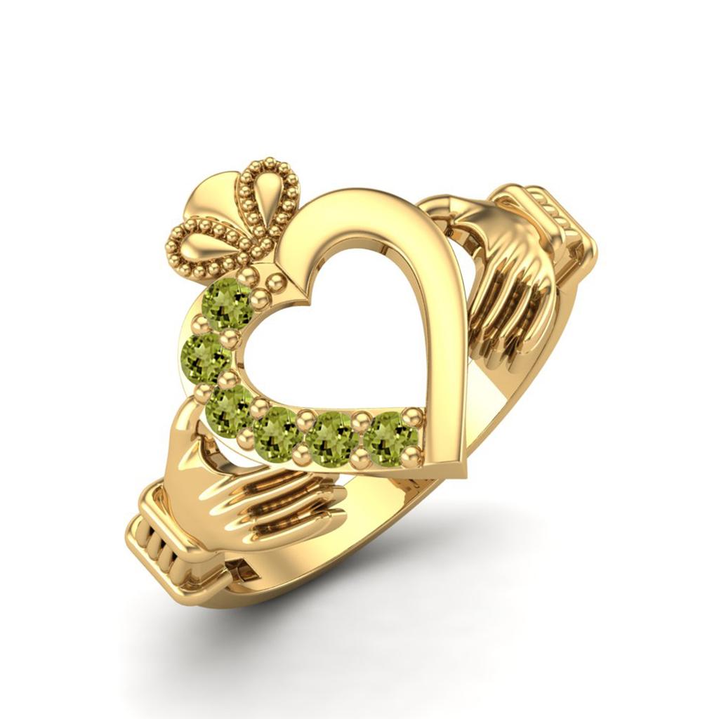 Irský Claddagh 2mm Kulatý Peridot 925 Sterlingového Stříbra Pozlacený Srdce Dámský Svatbní Prsten