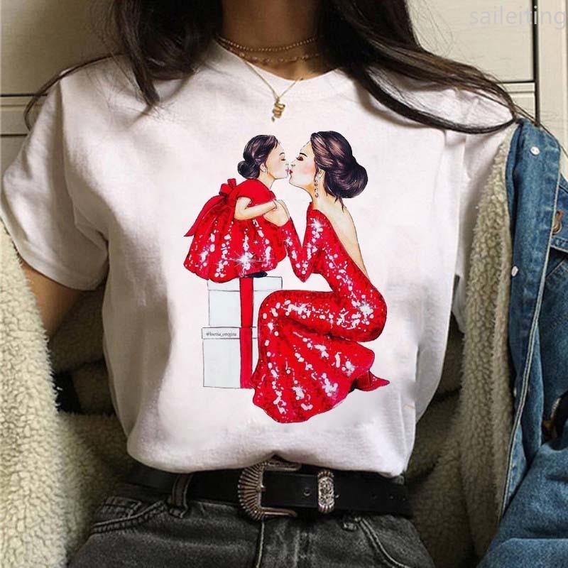 Women T-shirts Cute Mom and Daughter Black Summer Short Sleeve Female Tops Summer Sleeved Harajuku Streetwear Tops Tees