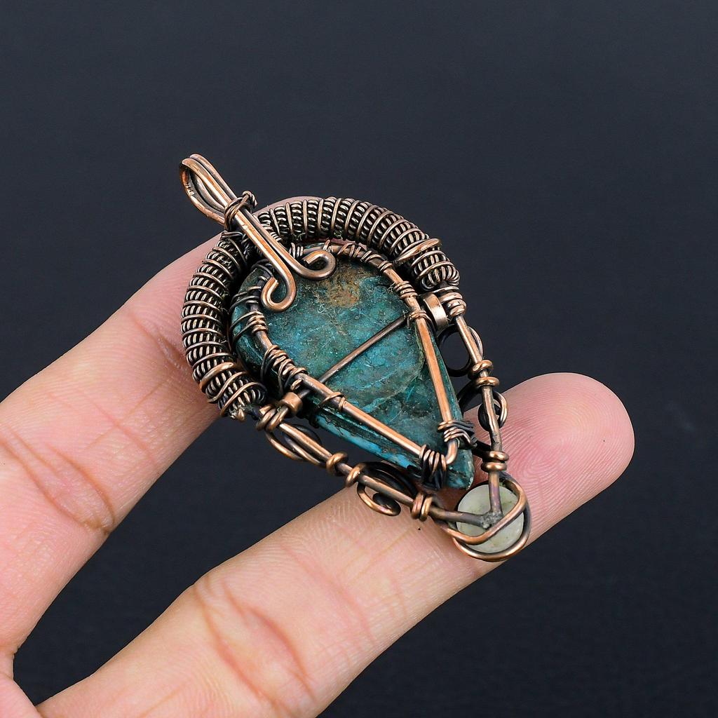 Blue Turquoise Handmade Gemstone Pendant, 999 Copper Wire Wrapped Antique Jewelry Pendant, For Engagement Gift