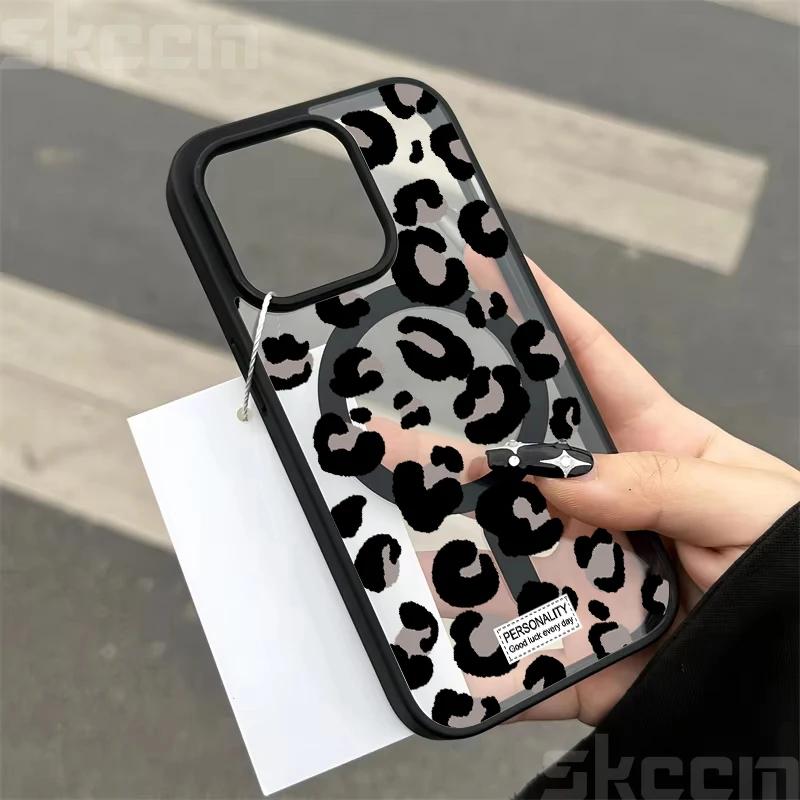 Leopard Print Clear Phone Case For iPhone 16 15 14 13 12 11 Pro Max Plus XS XR 16E Matte Magnetic Wireless Charge Cover