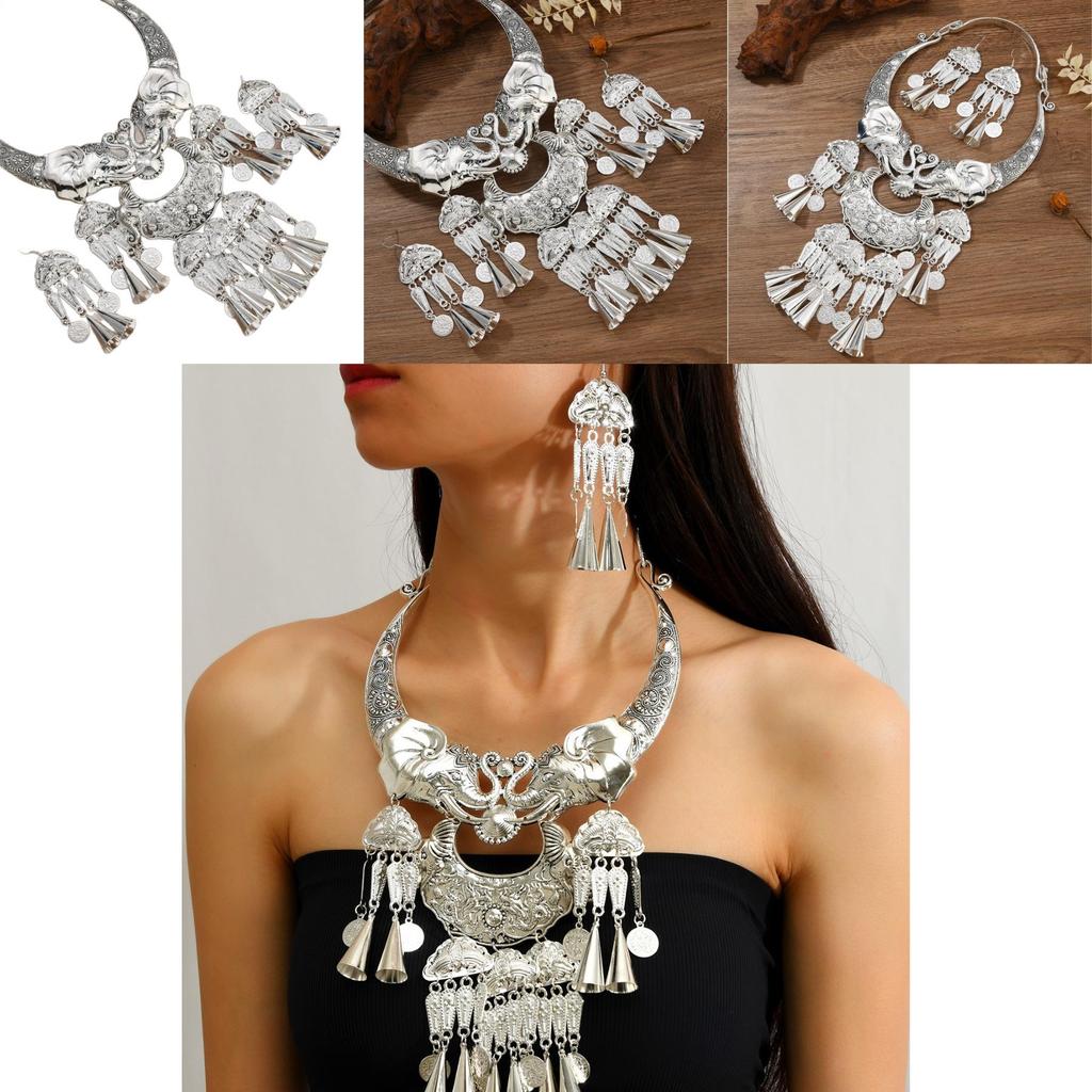 Miao Ethnic Elephant Bell Pendant Necklace With Geometric Alloy Design For Women