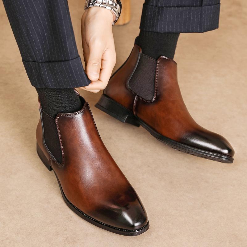 Men's Chelsea Boots British Style Leather Boots Business Dress Botas Classic Slip-On Ankle Booties Casual High Top Boots for Men