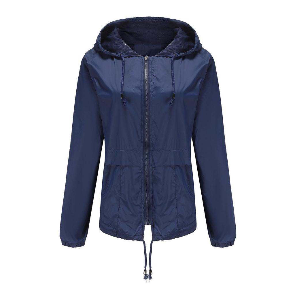 Women Spring Solid Color Long Sleeve Lightweight Hooded Collar Outdoor Raincoat Cropped Cardigan Jacket S-3XL