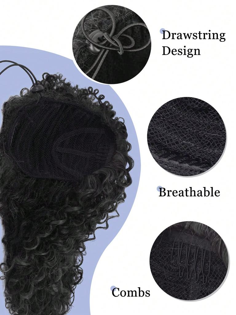 Synthetic  Wigs Black 20-inch Drawstring Ponytail Deep Curly Heat Resistant Ponytail Extension Afro Style Kinky Curly Hair Pieces for Women