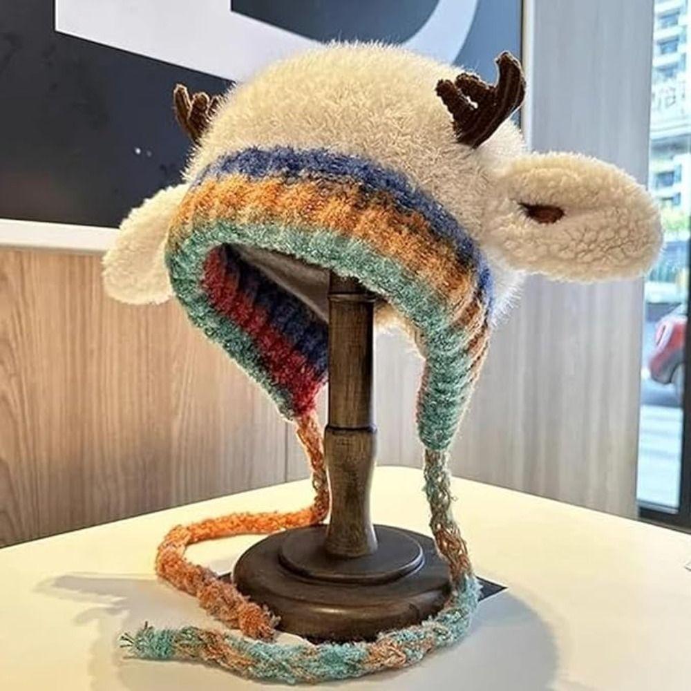 Plush Fur Knitted Deer Antler Hat Windproof Festival Christmas Antler Hat New Ear Flap Hat  Outdoor