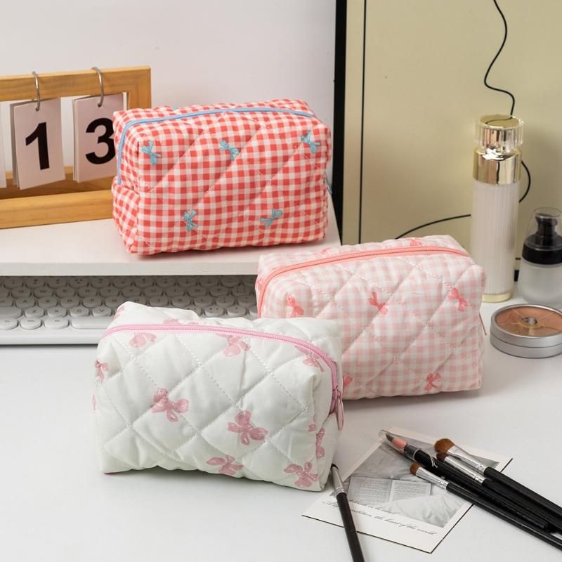 Fresh Plaid Bow Cosmetic Storage Bag Large Capacity Portable Makeup Bag Travel Wash Bag Organizer Pouch