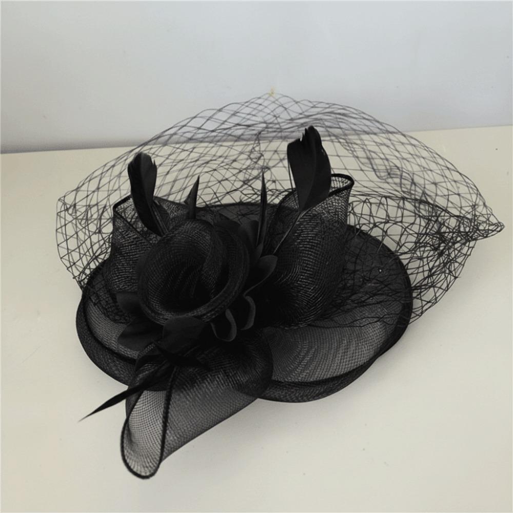 Vintage Style Fascinator Hat Exquisite Elegant Feather Mesh Veil Hat Sweet Bow Fancy Flower Hair Band Race Millinery