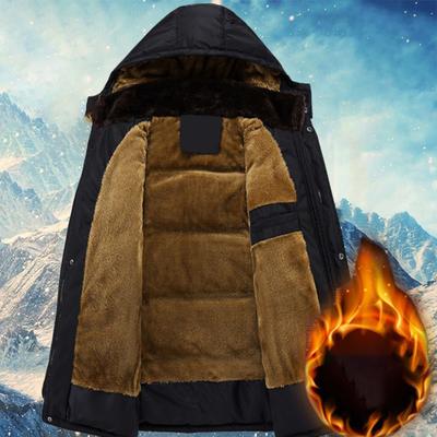 Yousheng Men Cotton Coat Stand Collar Hooded Long Sleeve Zipper Buttons Placket Jacket Coat Solid Color Thickened Plush Lining Mid-Length Jacket