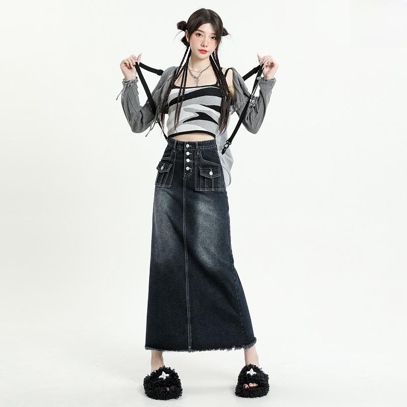2025 Summer Women's High Waist Slim Mid-Length Retro Denim Skirt