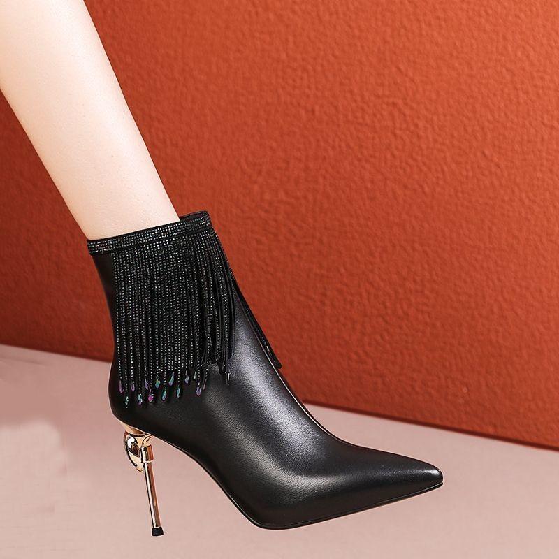 Fashion Booties Women Rhinestone Tassel 2026 Winter Pointed Toe Autumn Winter New Pointed Toe Stiletto High Heel Naked Boots
