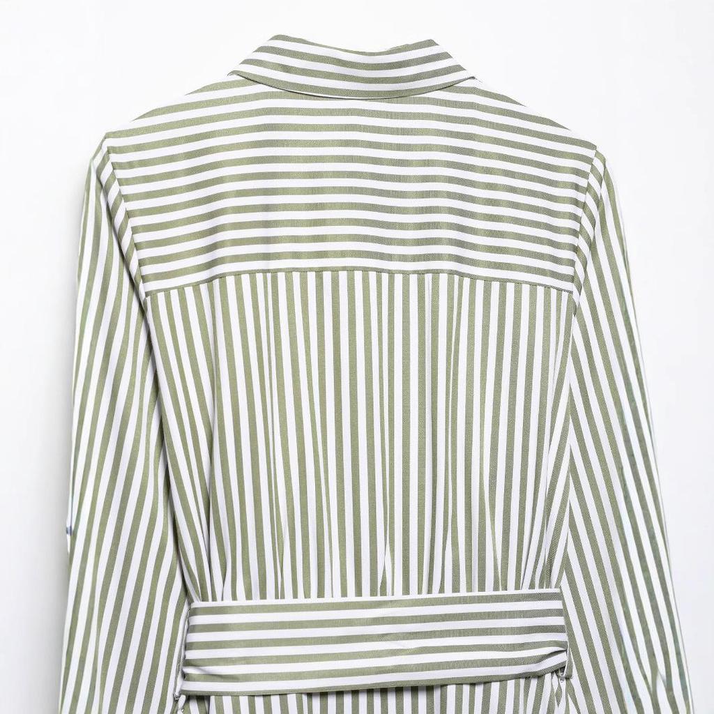 2025 Spring Women's European & American Striped Belted Midi Dress