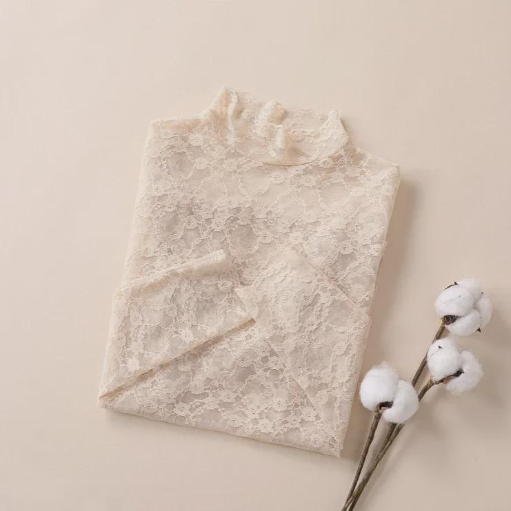 2024 Slim Korean Lace Mesh Pullover - Half-High Collar, Skin Color
