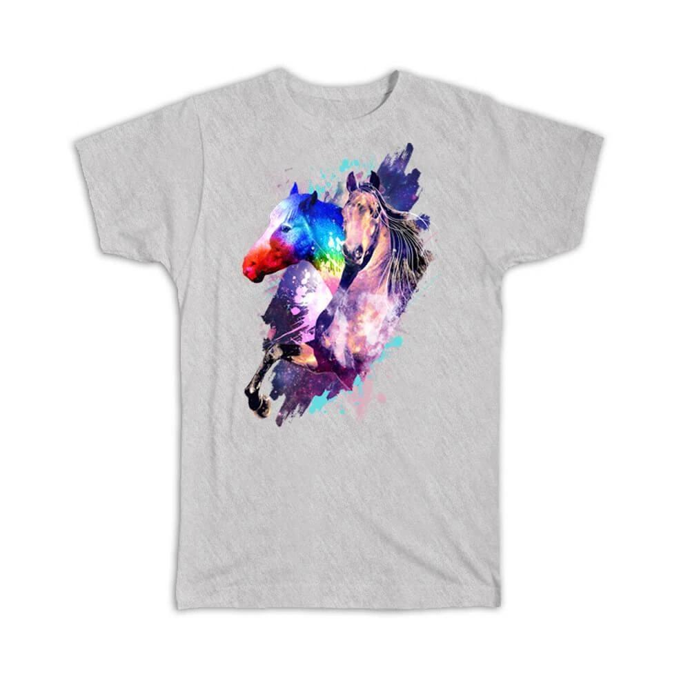 Gift T-Shirt : Watercolor Horses Wall Art Print Animals Painting Country Style 3XL