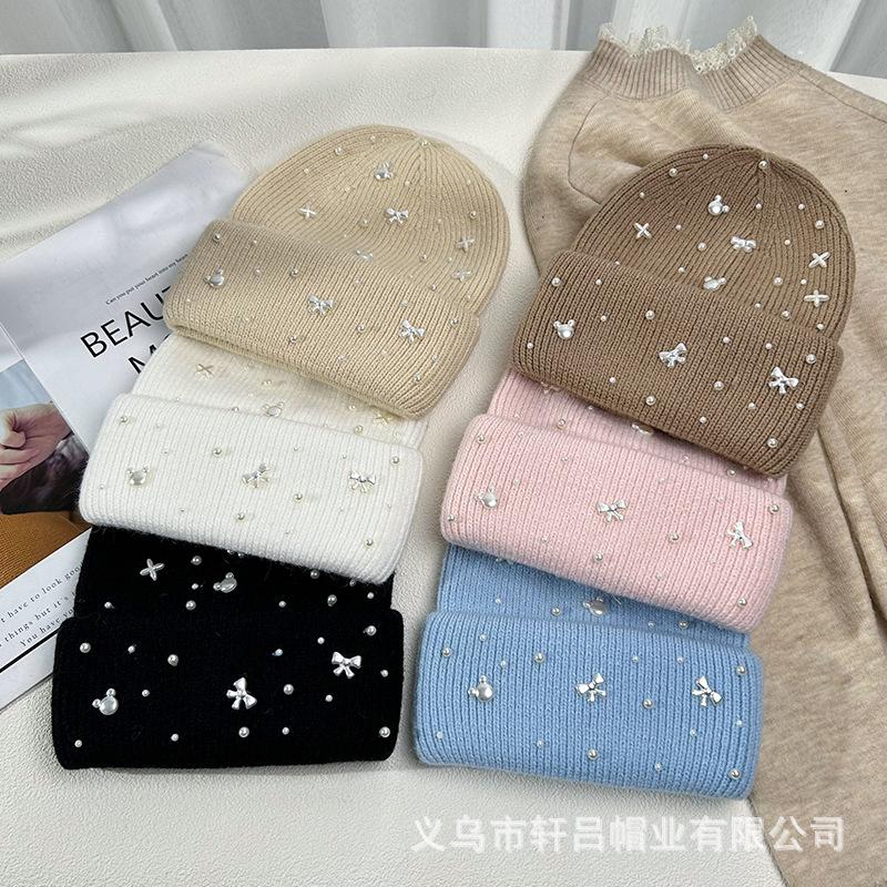 Autumn and winter new bow pearl knitted hat big head circumference thickened rabbit hair blended pullover ear protector wool hat
