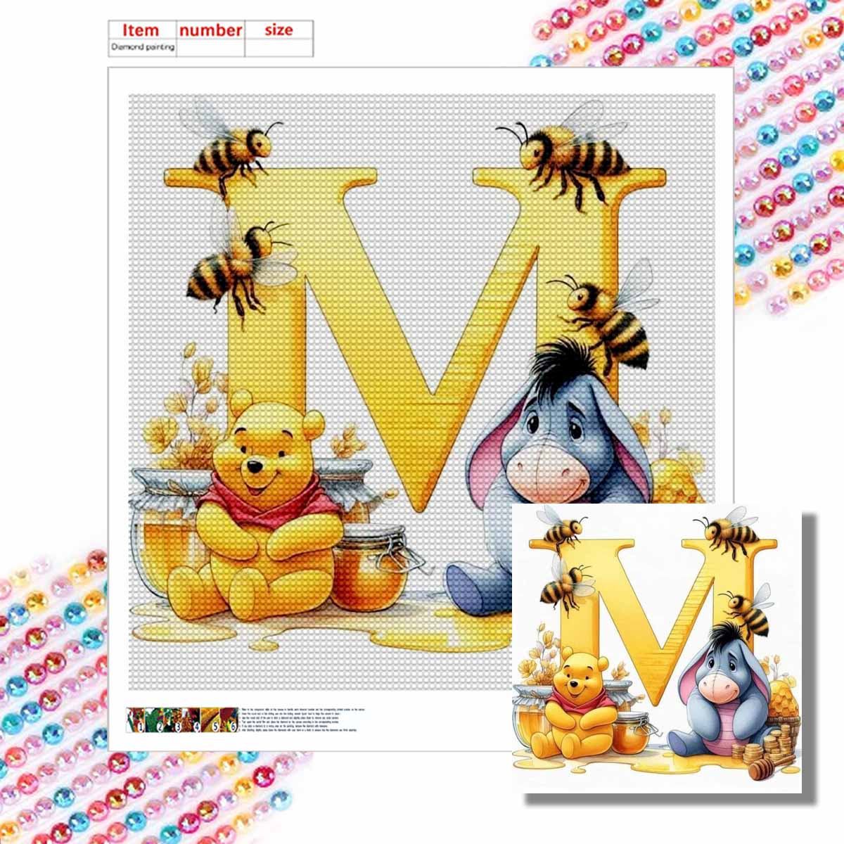 

DIY Diamond Painting Round Diamond The Letters M In Vini and Eeyore Full Diamond Mosaic Home Decoration Painting Cross Stitch Kit Round 20x20cm