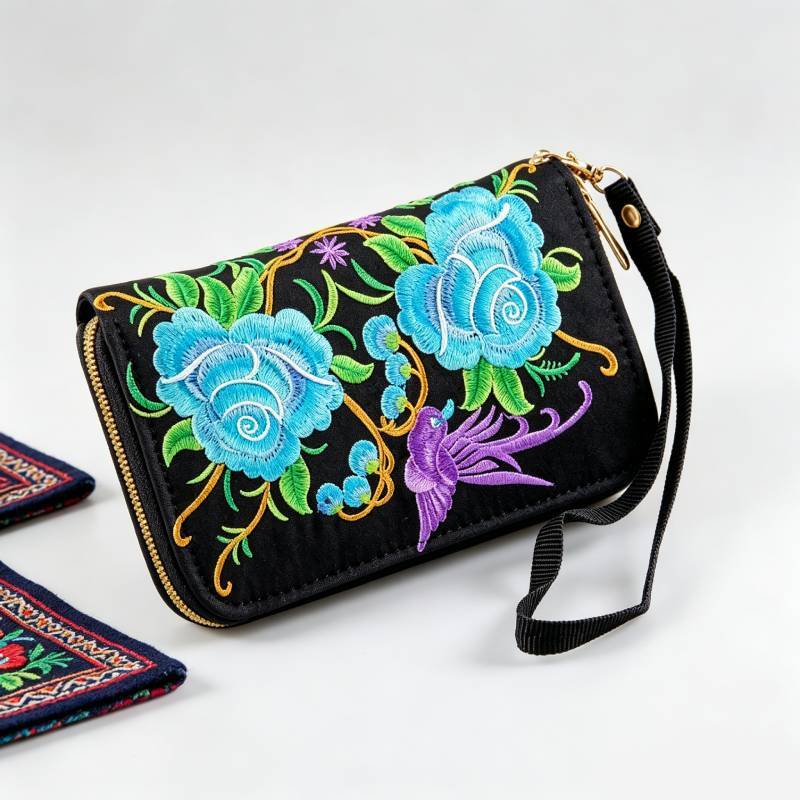 Ethnic Embroidered Purse With Zipper Closure For Women Mini Phone Wallet Organizer