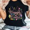 Happy Easter Sayings Egg Bunny Print T Shirt Casual Vintage Stylish Top For Everyday Wear Comfortable Graphic