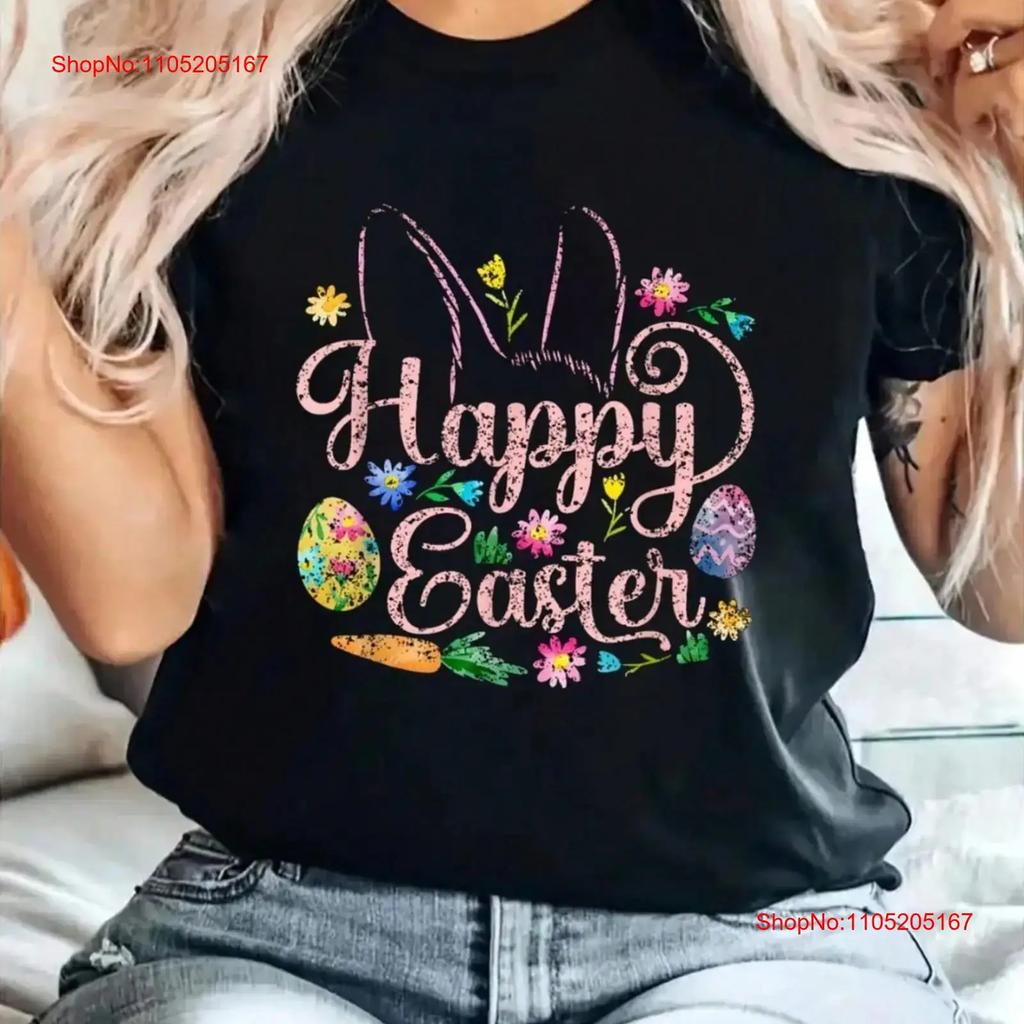 Happy Easter Sayings Egg Bunny Print T Shirt Casual Vintage Stylish Top For Everyday Wear Comfortable Graphic