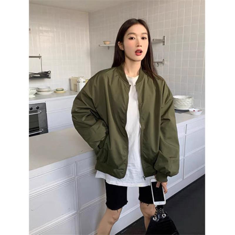 Autumn and winter versatile thin retro round neck casual loose baseball uniform tooling jacket women