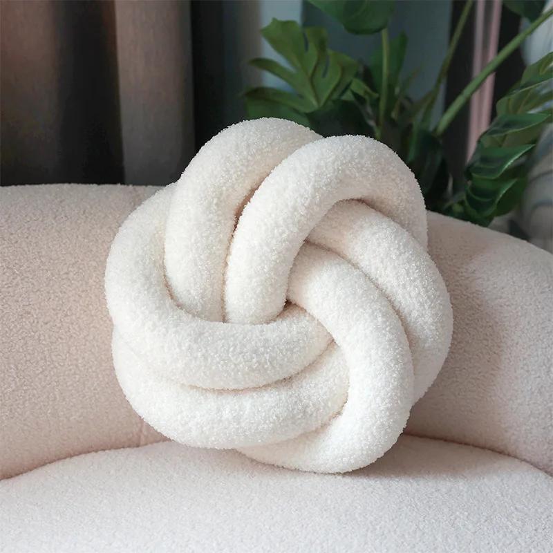 Nordic INS Style Hand Woven Lamb Wool Round Pillow Braided Home Decor Sofa Backrest Cushion Cozy Living Room Bedroom Accent
