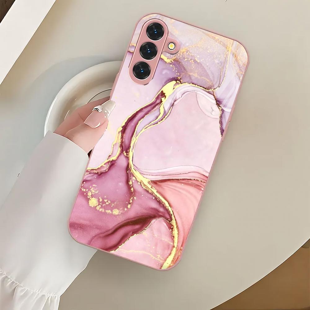 Marmortexturierte metallische Lackglas-Handyhülle geeignet für Samsung Galaxy S26 S25 S24 S23 S22 S21 S20 FE/Ultra/Plus stoßfest